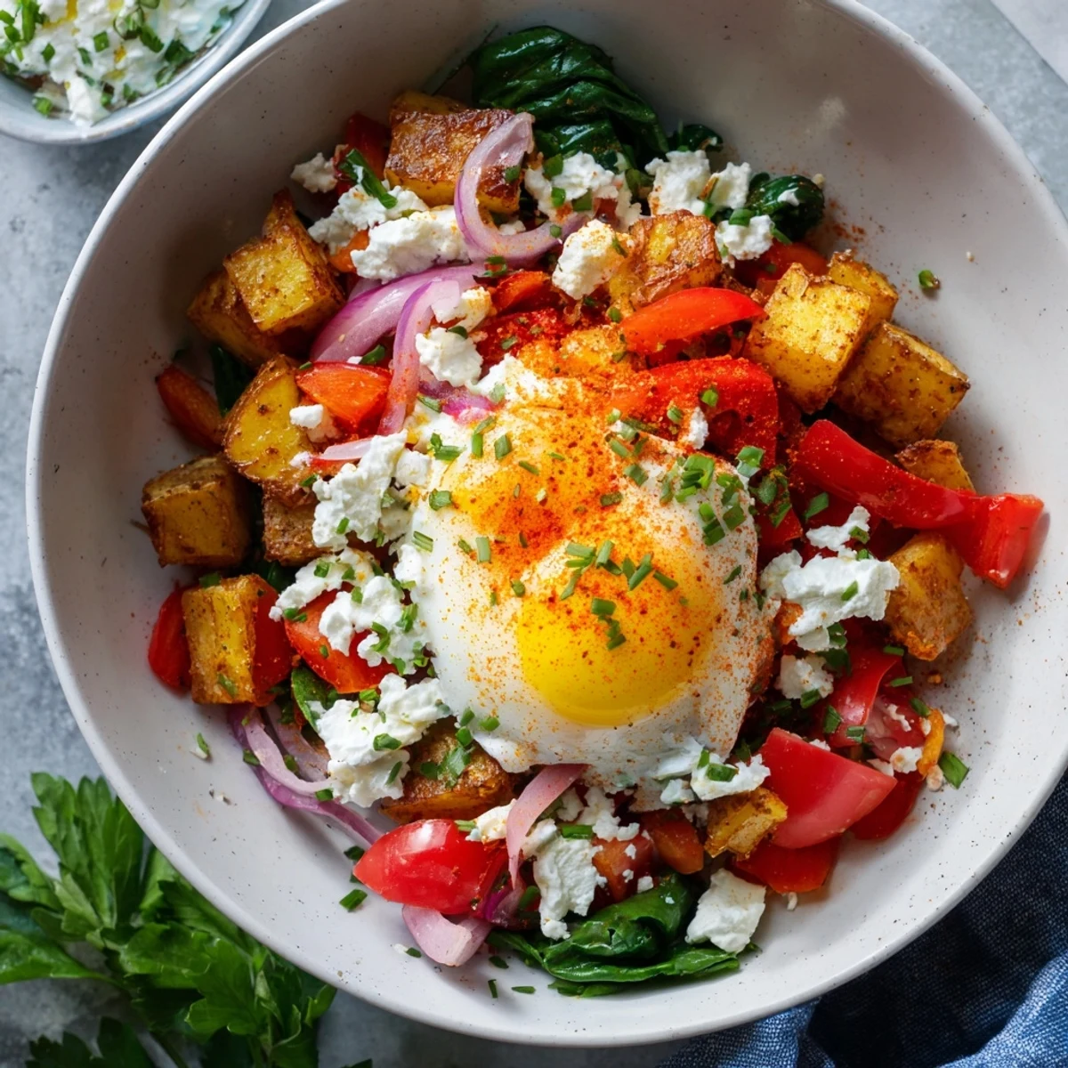 A close-up of a Savory Breakfast Bowl featuring a creamy yogurt sauce and fresh cherry tomatoes.