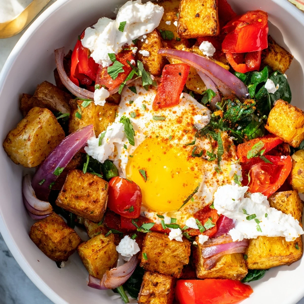 Serving suggestion for a Savory Breakfast Bowl with a drizzle of zesty sauce and a side of toast.