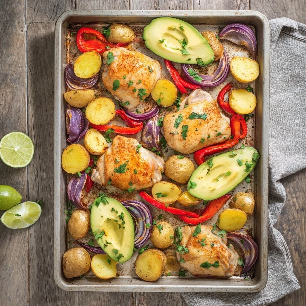 Succulent roasted chicken with crispy potatoes and ripe avocado in a Chicken Avocado and Crunchy Potato Tray Bake, served with lime.
