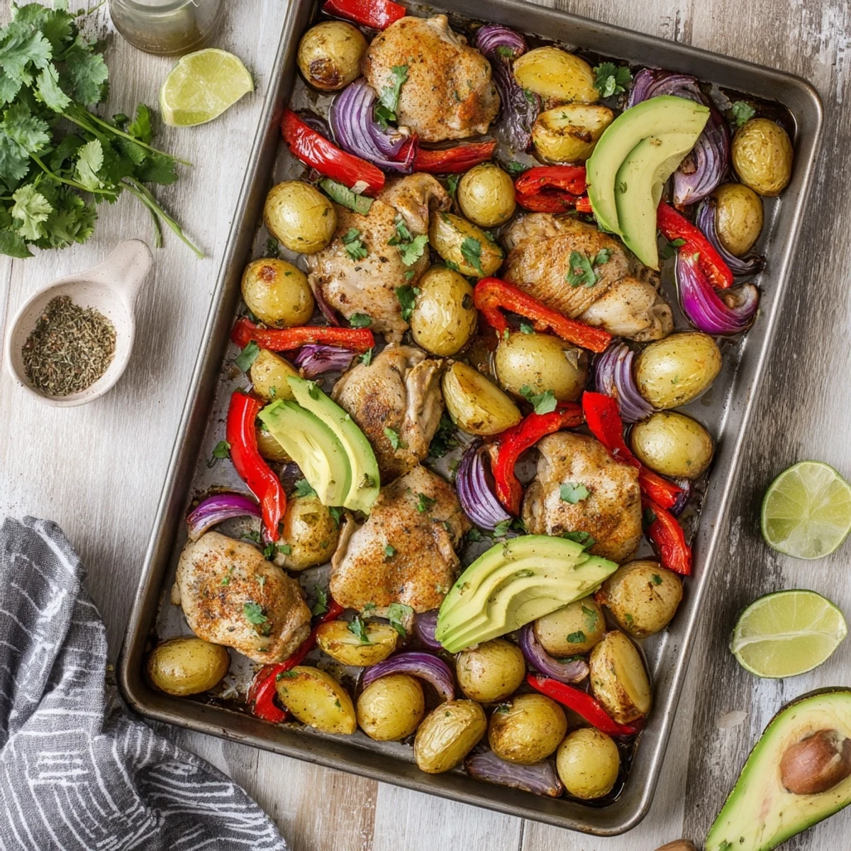 A vibrant one-pan Chicken Avocado and Crunchy Potato Tray Bake with creamy avocado slices and fresh herbs for a gluten-free dinner.