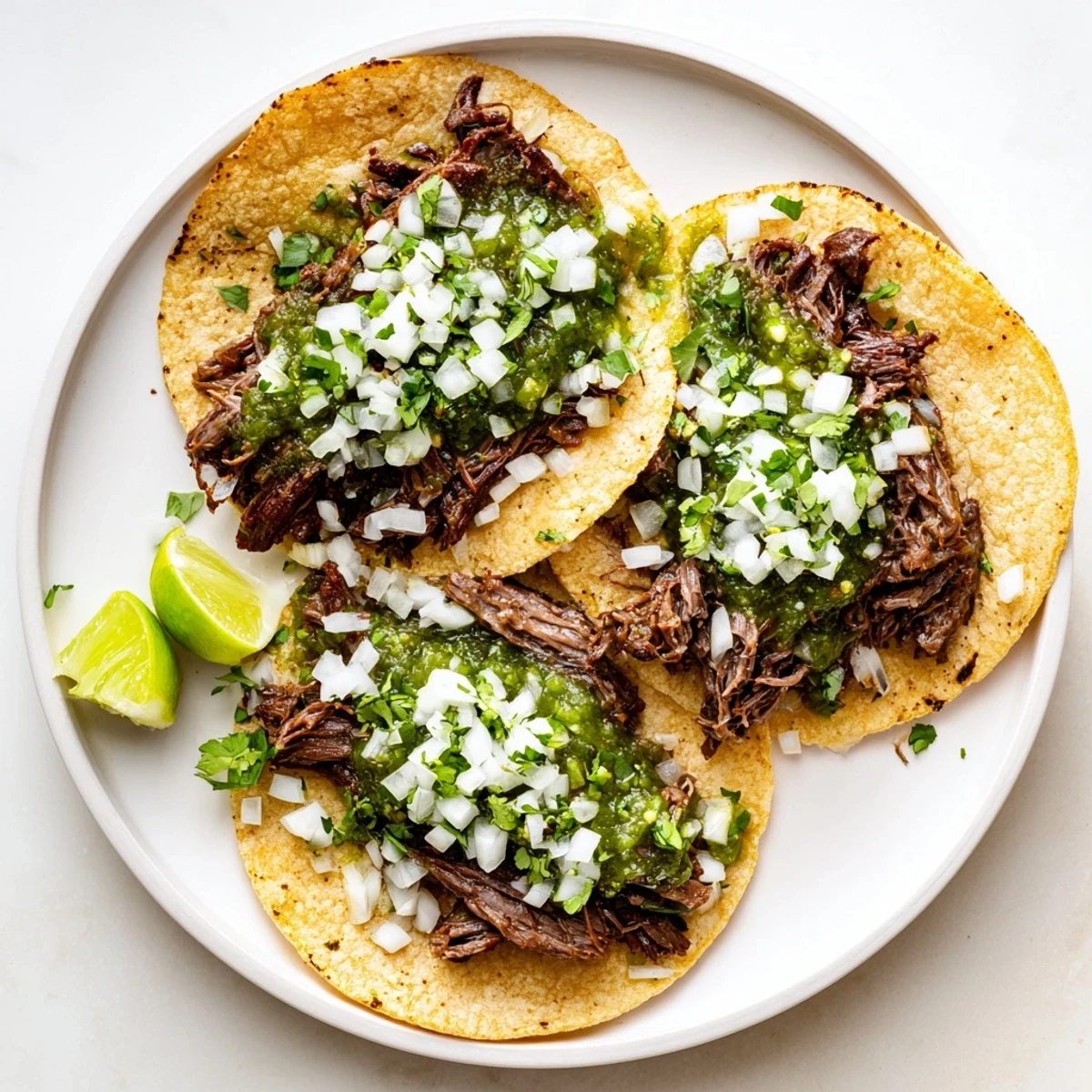 Close-up of Beef Cheek Tacos filled with juicy shredded beef, garnished with cilantro and served with lime wedges on a platter.