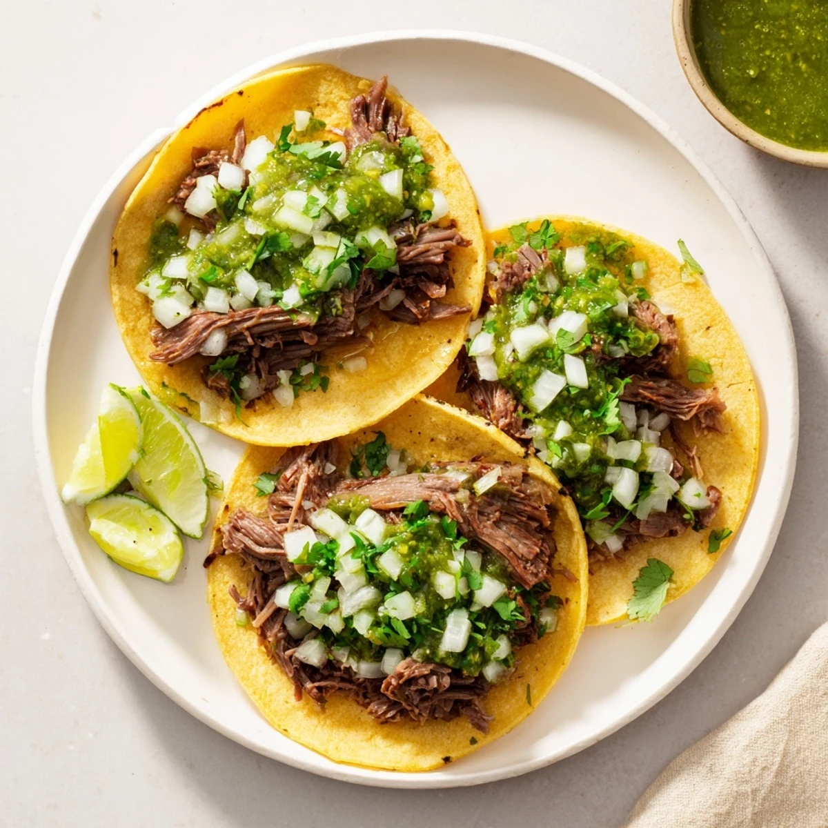 Golden corn tortillas stuffed with rich Beef Cheek Tacos, topped with salsa verde and fresh onions for a street-style presentation.