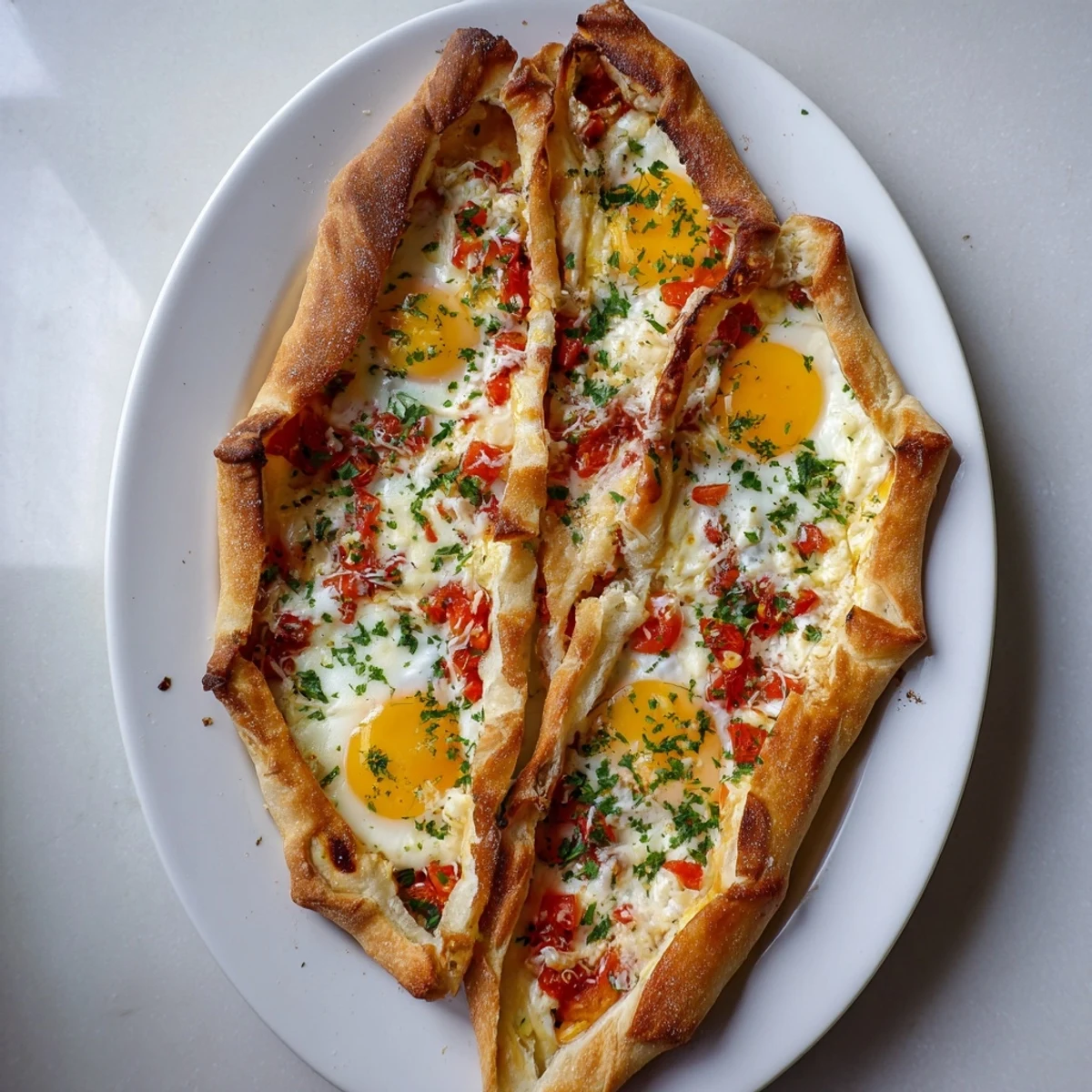 Freshly baked Turkish Pide with Egg, Tomato, and Cheese shows melted feta and mozzarella inside golden boat-shaped crust.