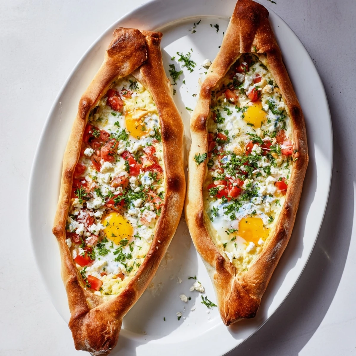 Steam rises from a hot Turkish Pide with Egg, Tomato, and Cheese, with a runny yolk and chopped parsley garnish.