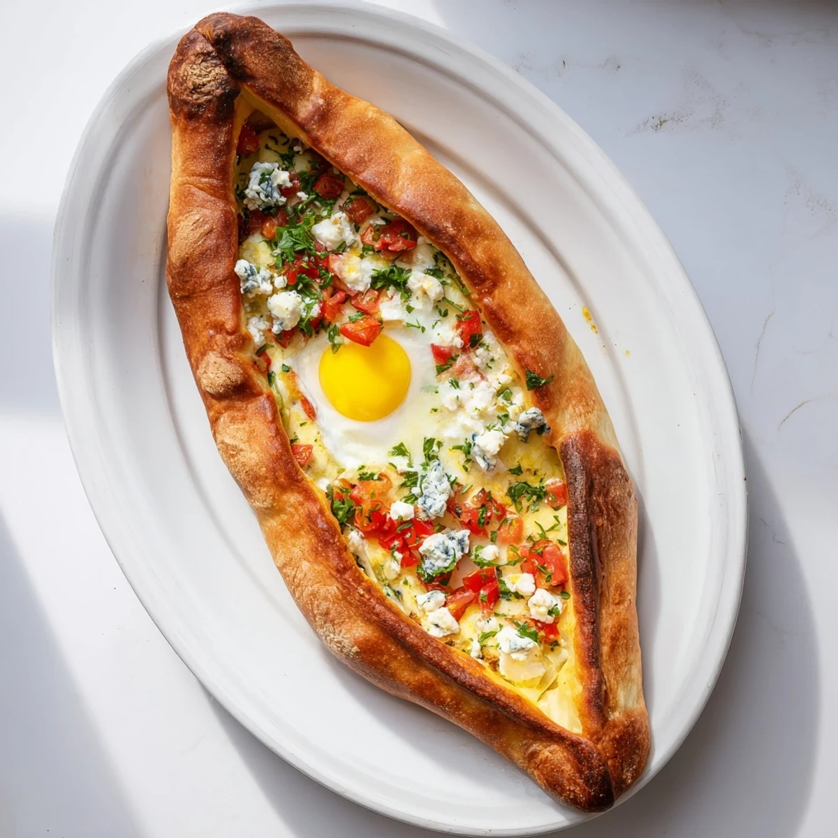 Golden-edged Turkish Pide with Egg, Tomato, and Cheese sits on a wooden board, served with a fresh side salad.
