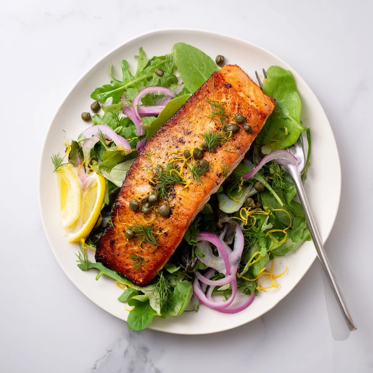 Perfectly seared Crispy Skin Tasmanian Atlantic Salmon rests beside a light lemony green salad, ready for a pescatarian dinner.