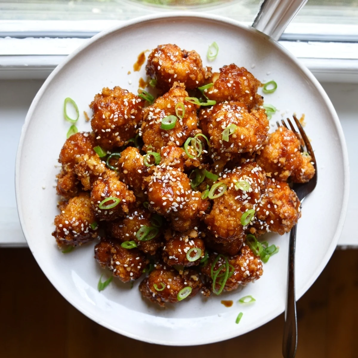 Golden crispy Sticky Honey Garlic Cauliflower florets glistening with sticky sauce on a white plate.