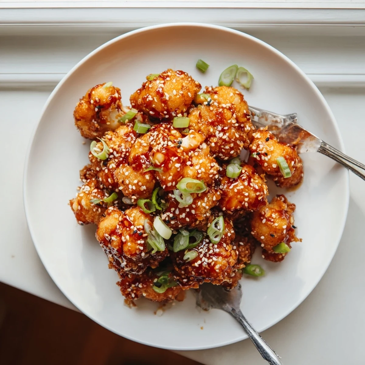 Crisp baked Sticky Honey Garlic Cauliflower pieces coated in glossy Asian-inspired sauce, garnished with sesame seeds.