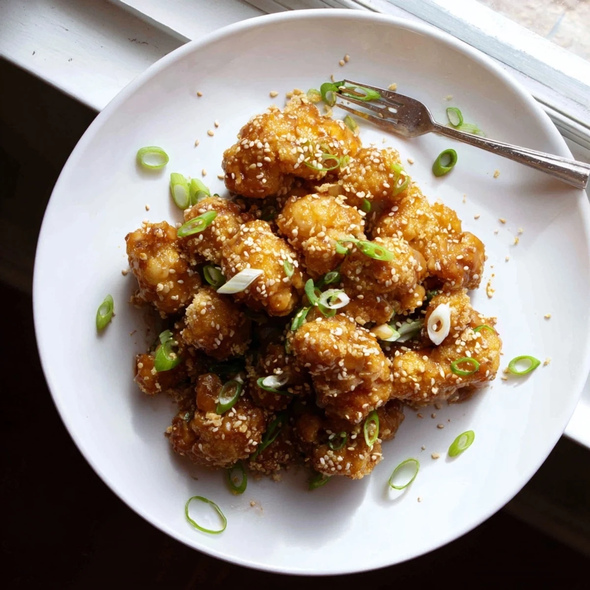 A close-up of Sticky Honey Garlic Cauliflower showing crunchy texture and savory glaze, served with green onions.
