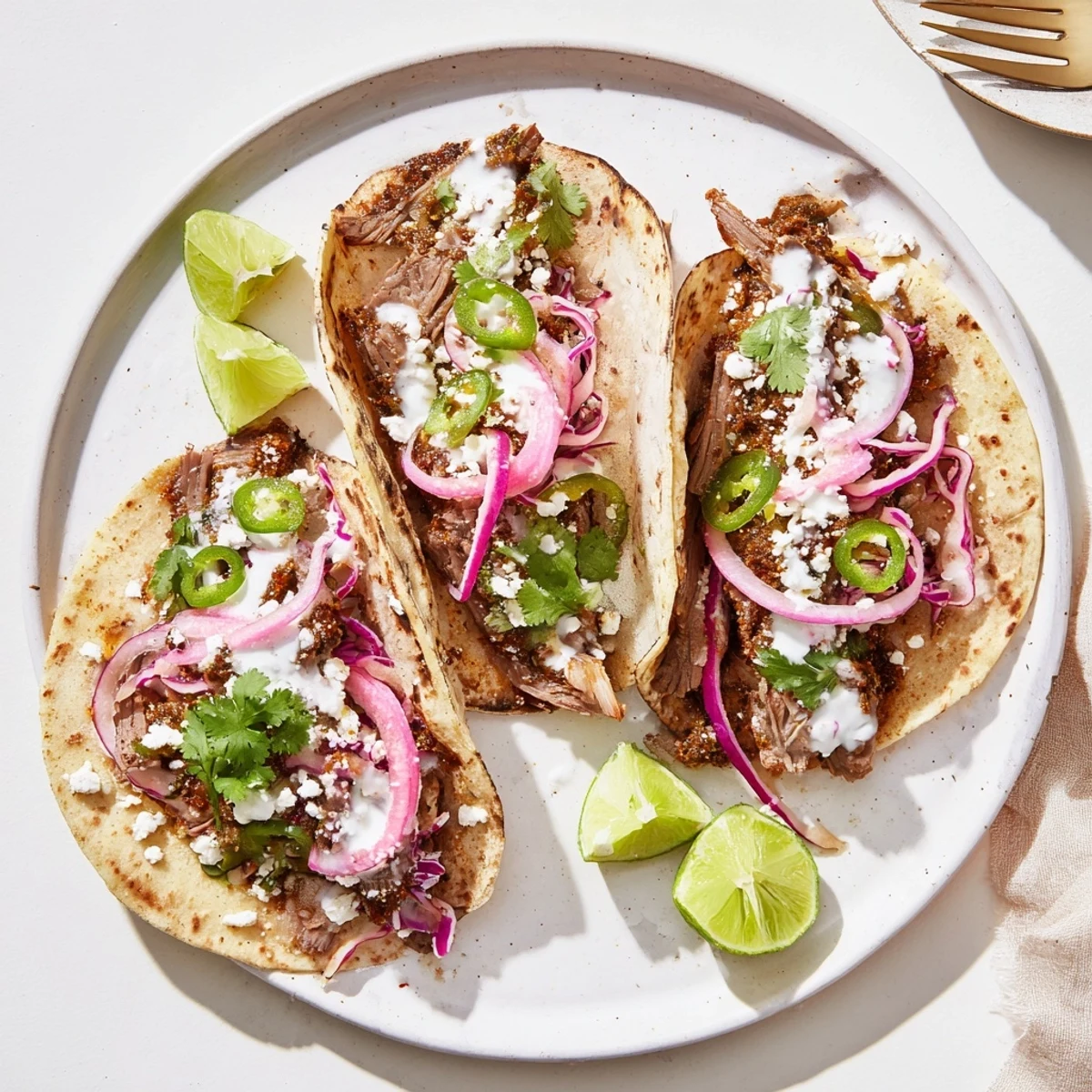 Sliced cumin crusted leg of lamb tacos topped with fresh cilantro and yogurt sauce.