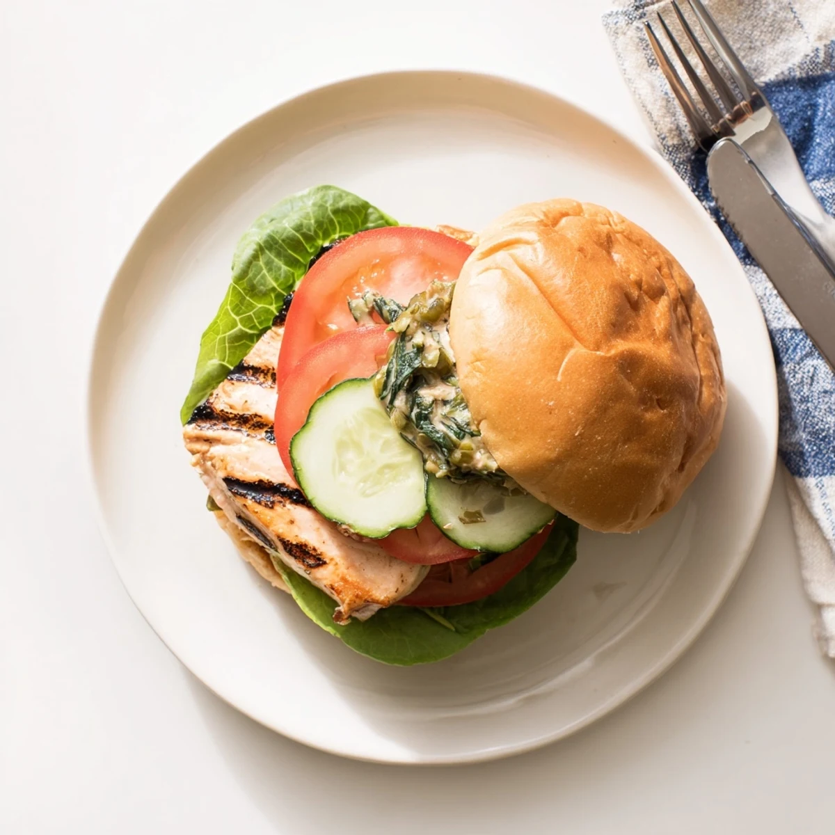 Grilled barramundi fillet sits on a toasted brioche bun with smoky cos lettuce and grilled lemon jalapeño tartare.