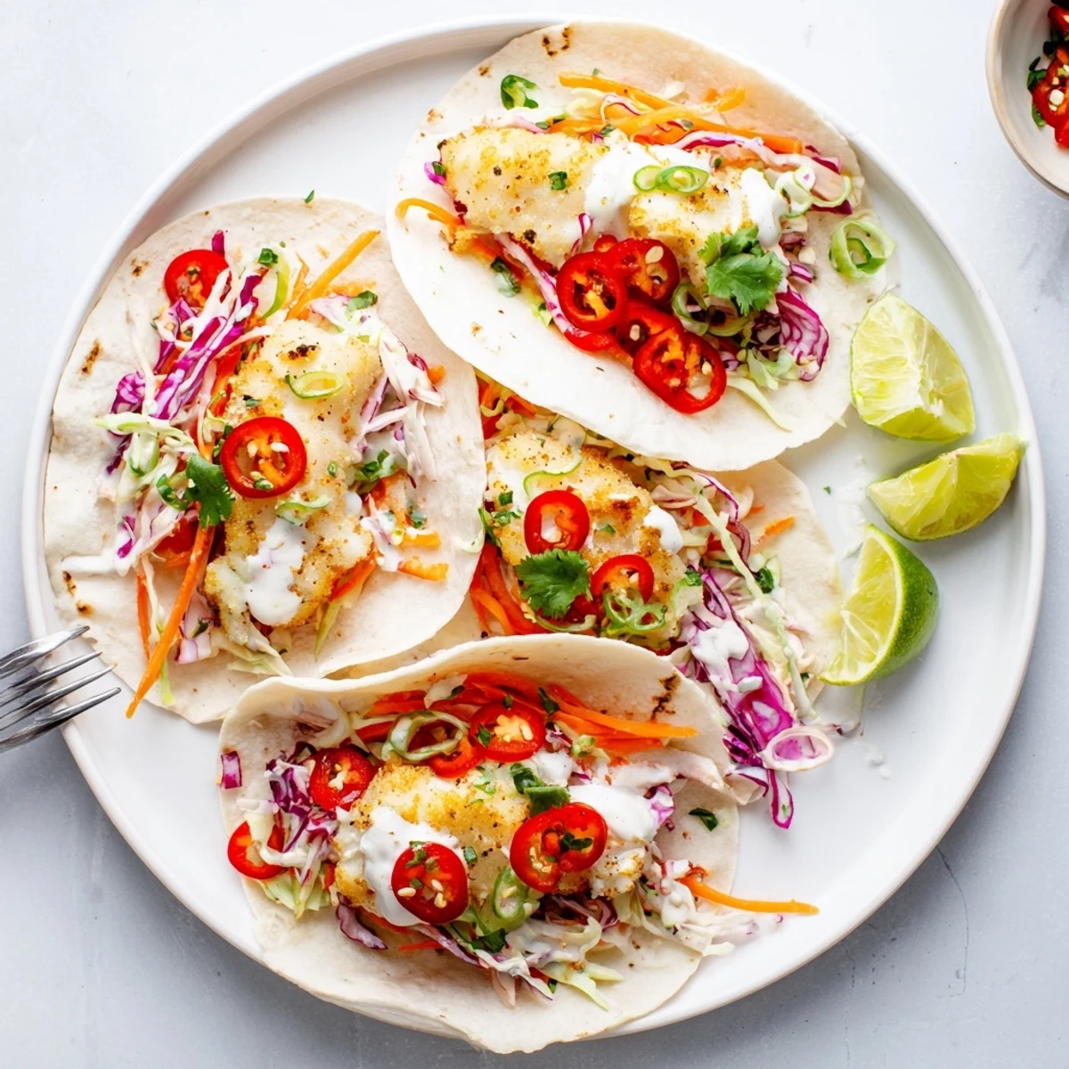 Crisp Barramundi Tacos stuffed with vibrant rainbow slaw and zesty salsa, served with lime wedges for extra zest.