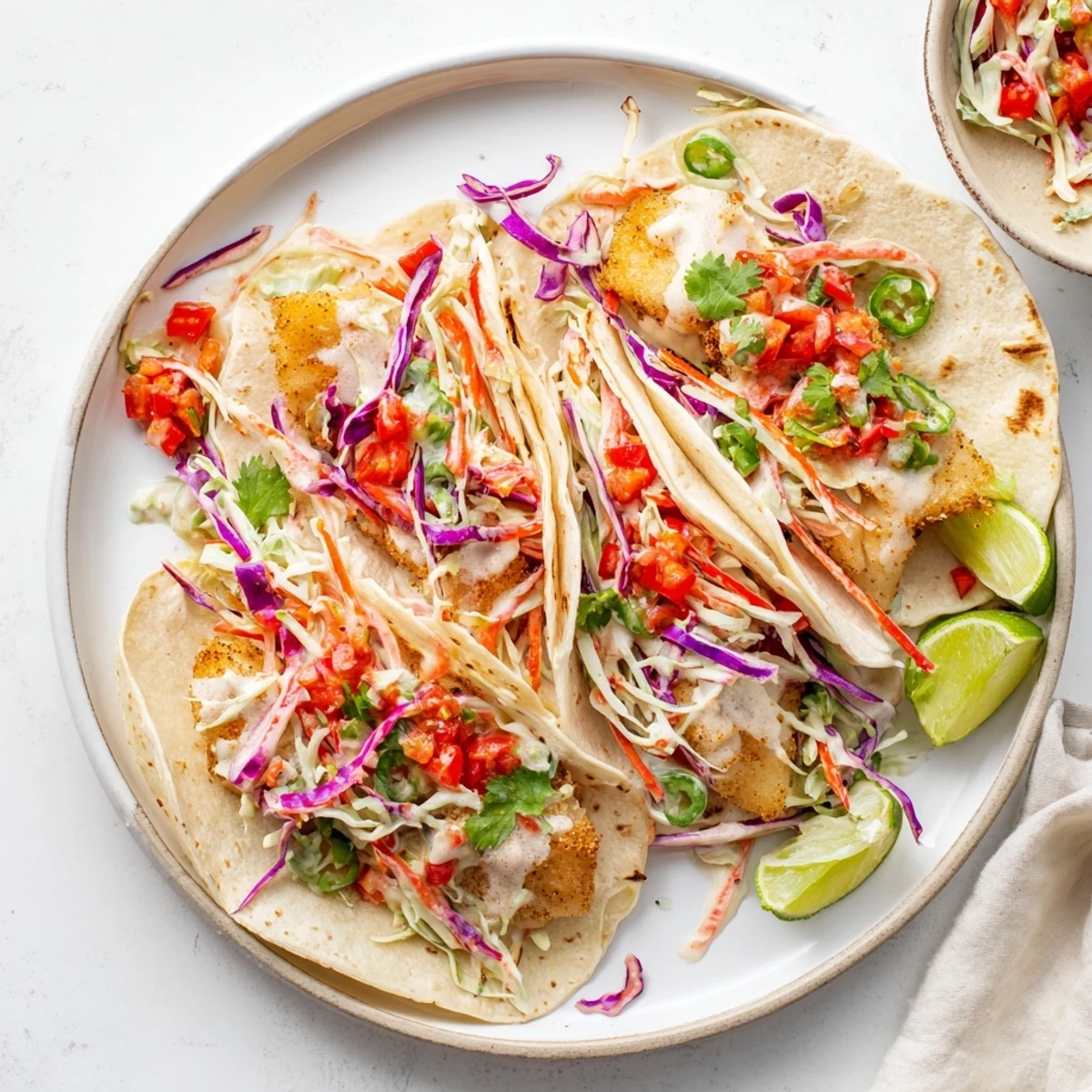 Flaky grilled Barramundi Tacos topped with crunchy rainbow slaw and fresh salsa on warm corn tortillas.