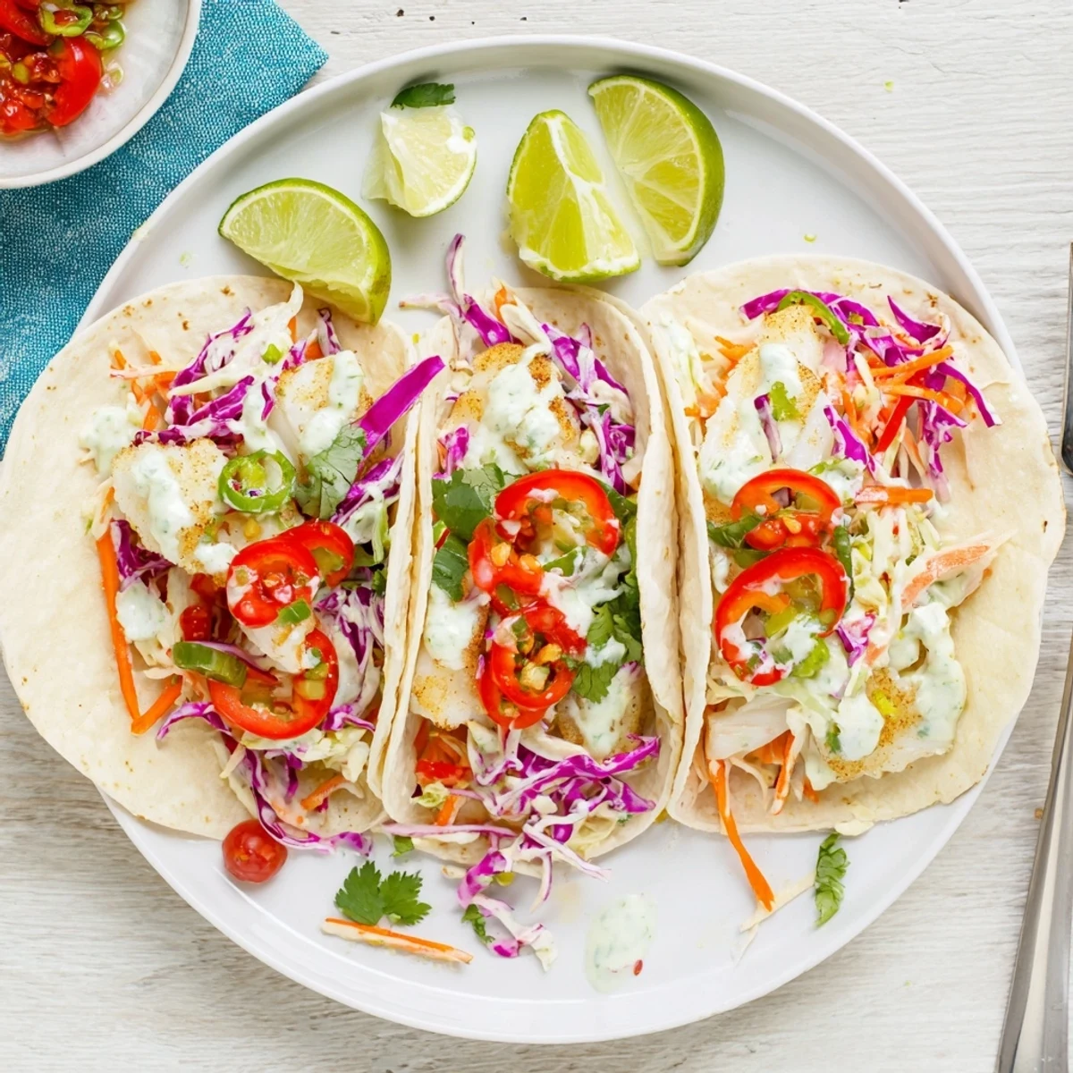 Tender Barramundi Tacos layered with colorful rainbow slaw and chunky salsa on soft tortillas for a fresh dinner.