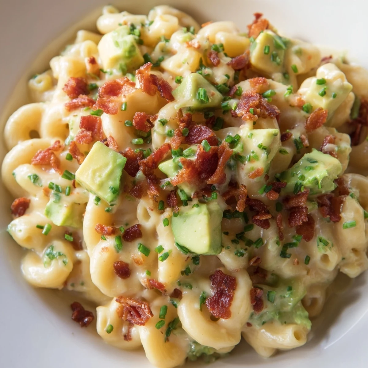 Creamy Avocado and Bacon Mac and Cheese served in a rustic bowl, topped with crispy bacon bits and fresh chives.