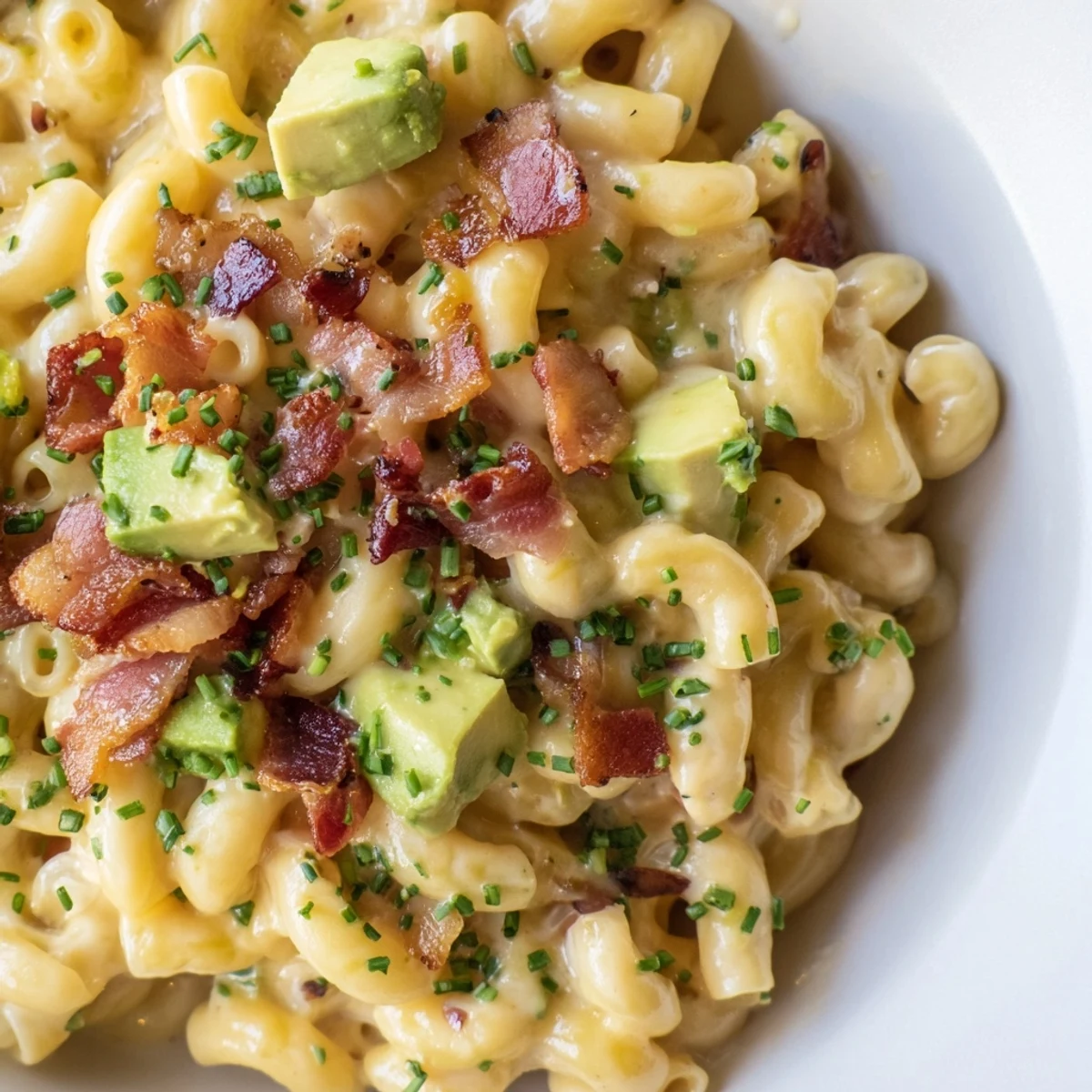 Avocado and Bacon Mac and Cheese with tender elbow noodles in a rich cheese sauce and diced avocado on top.