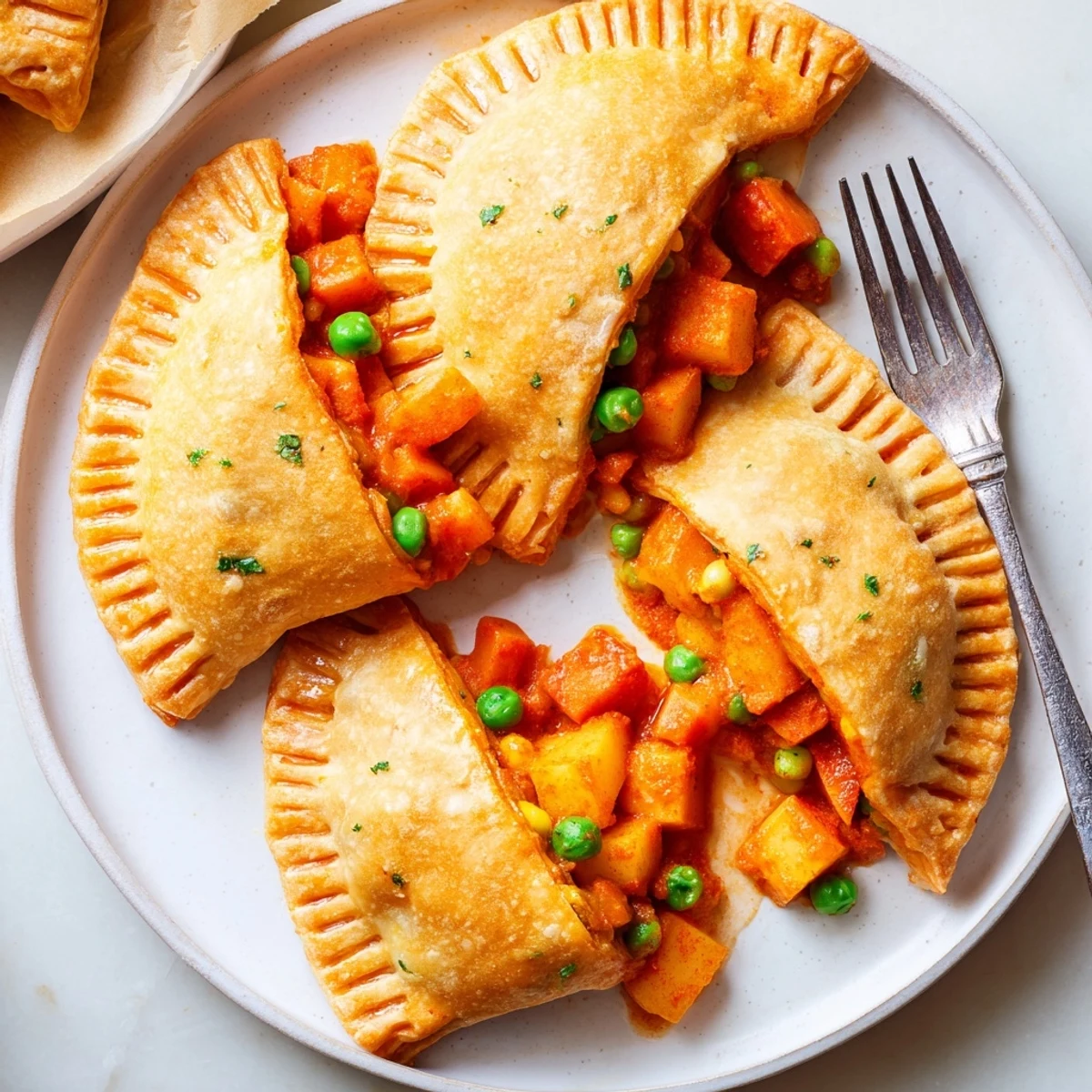 A close-up view shows a Tikka Masala Vegetarian Pie broken open, highlighting tender potatoes and peas coated in rich, aromatic Indian spices and creamy sauce.