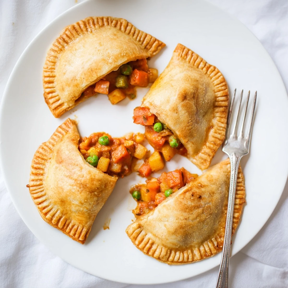 Golden-brown Tikka Masala Vegetarian Pies rest on a white plate, their flaky pastry brushed with egg wash and slightly cracked to reveal a vibrant, creamy orange filling.