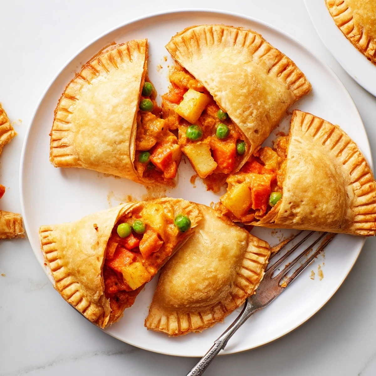 Freshly baked Tikka Masala Vegetarian Pies sit on a rustic wooden board, surrounded by a small bowl of mango chutney and a sprig of cilantro.