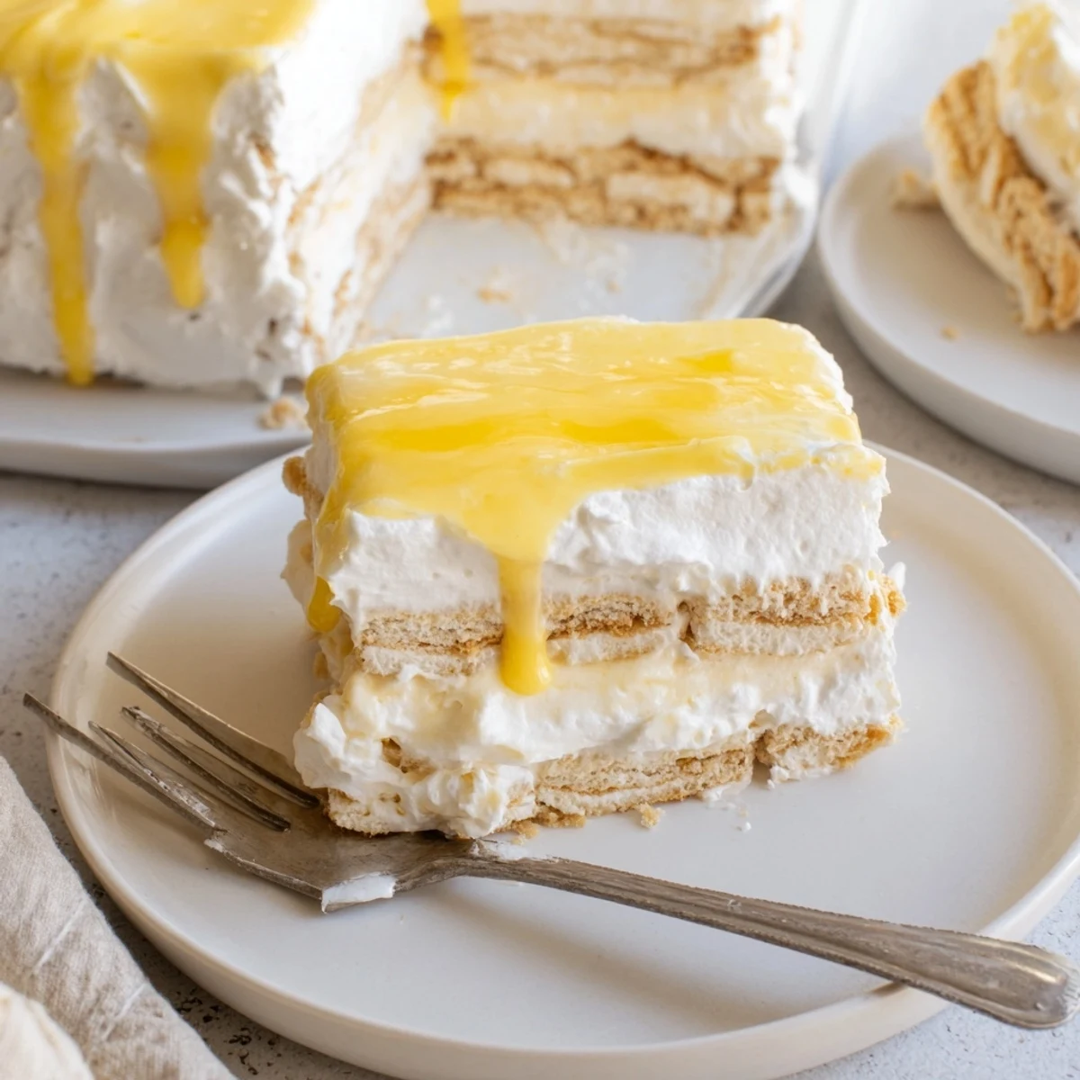 Golden no bake lemon eclair cake with silky glaze drizzled over chilled lemon cream layers