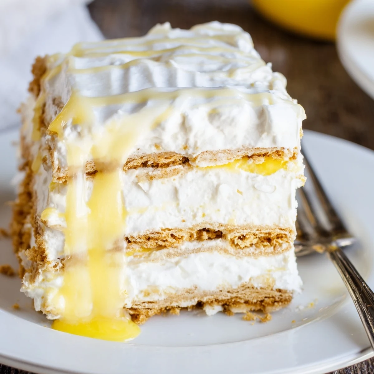 Slice of refreshing no bake lemon eclair cake revealing zesty pudding between softened graham cracker sheets