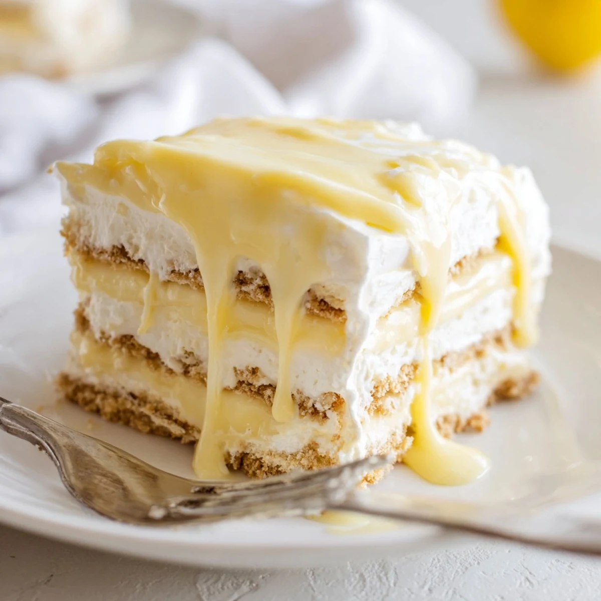 Square of chilled no bake lemon eclair cake topped with sweet lemon glaze and whipped cream