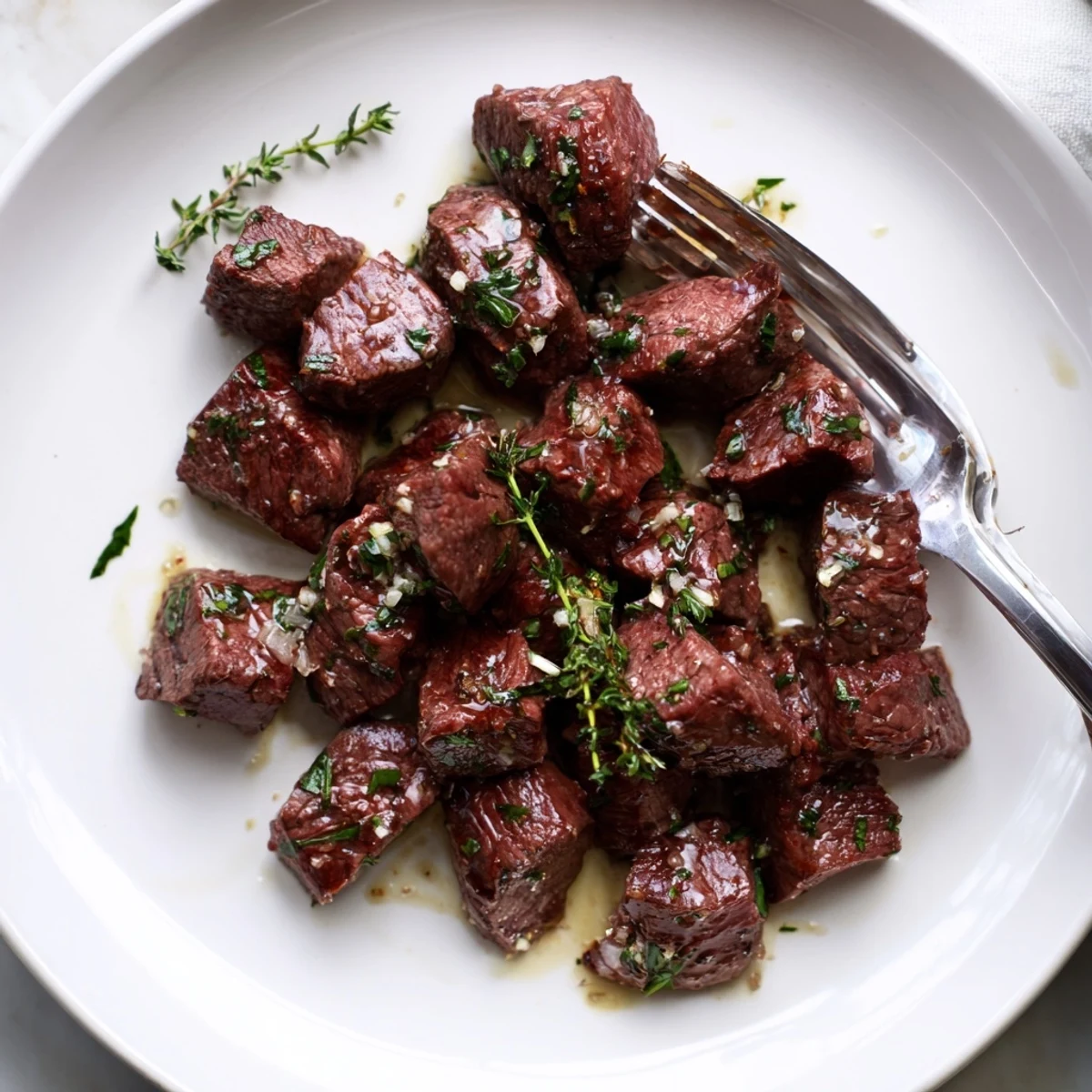 Tender cubed sirloin steak pieces coated in melted garlic butter sauce and served on a white plate