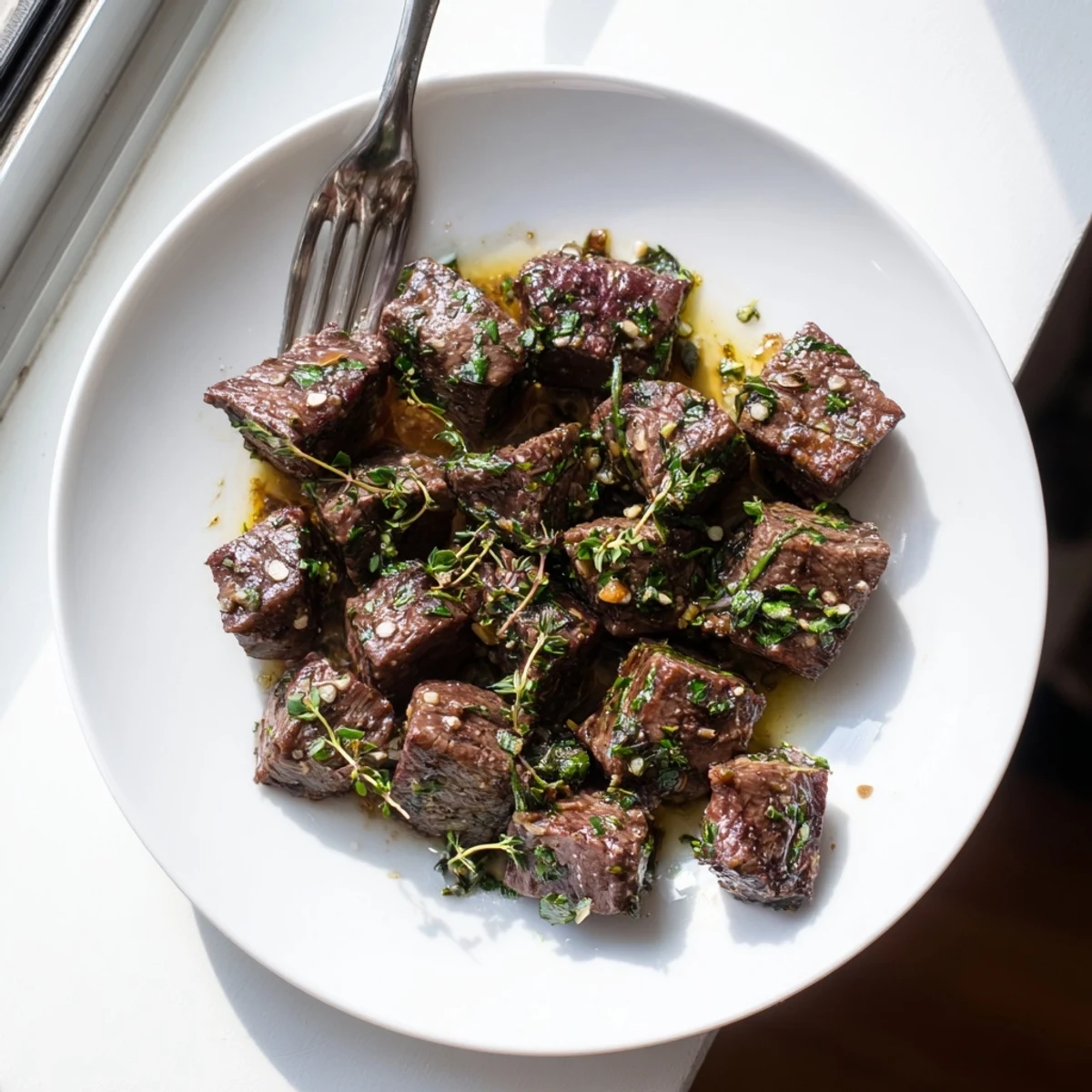 Golden brown garlic butter steak bites sizzling in a cast iron skillet with fresh parsley garnish