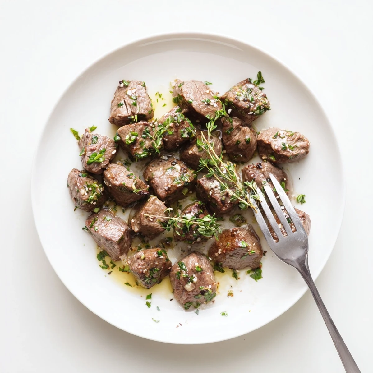 Savory seared steak bites tossed in rich buttery garlic sauce with herbs and ready to enjoy