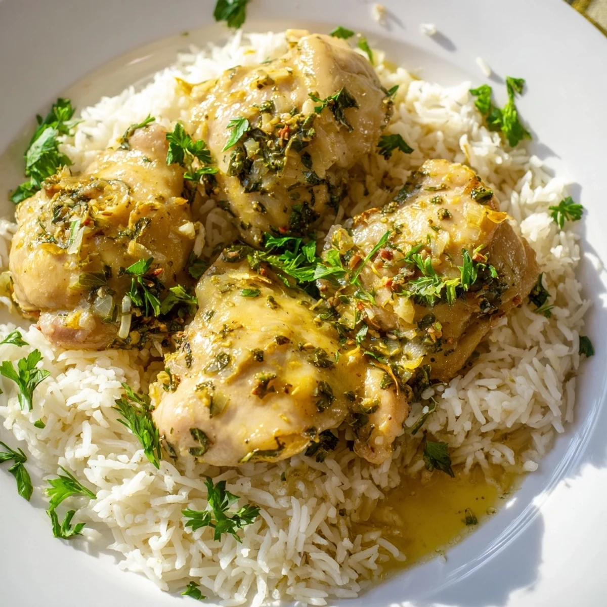 Juicy herb-seasoned chicken thighs slow-cooked with bright lemon flavors served over steaming rice