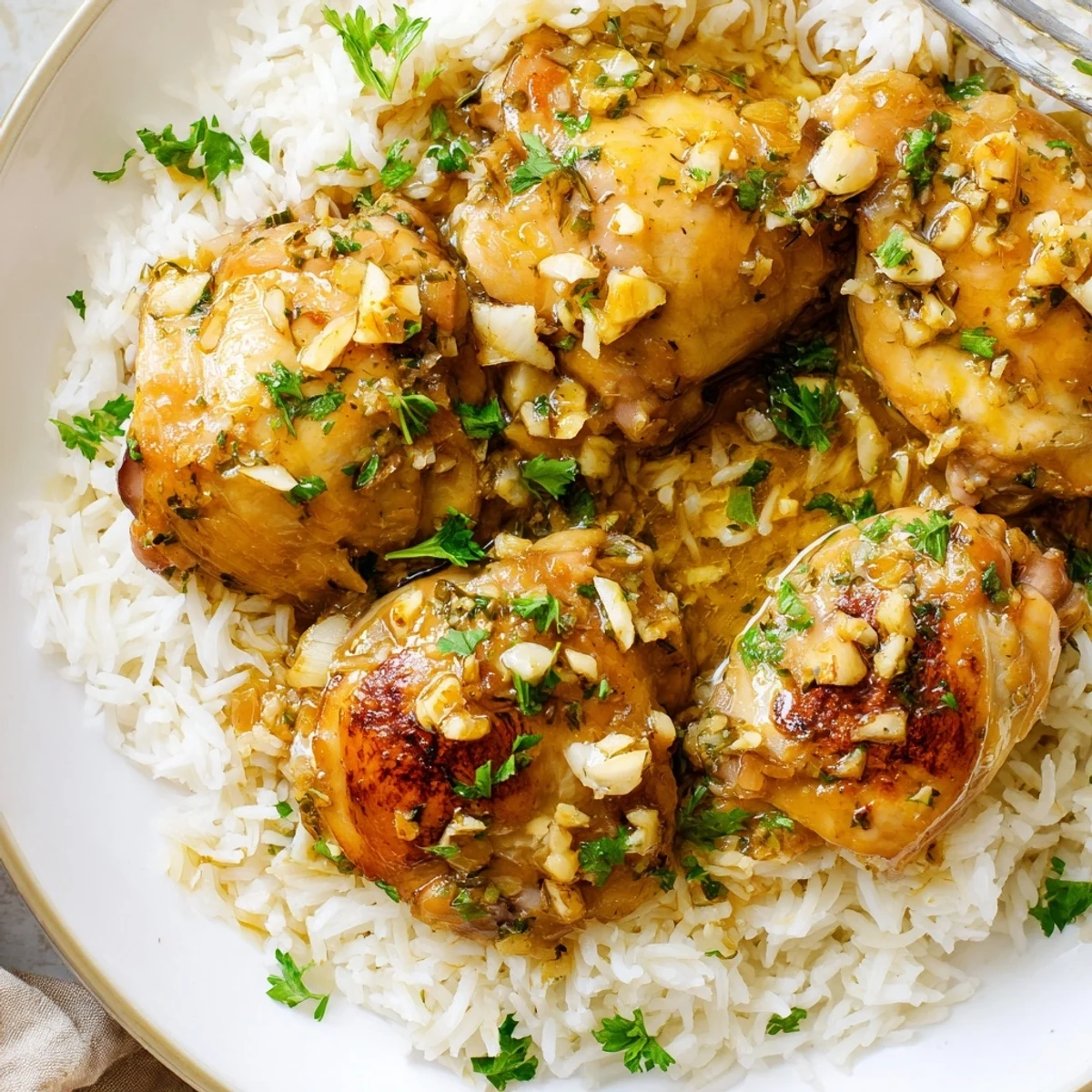 Golden slow cooker lemon herb chicken with tender meat resting on a bed of fluffy white rice