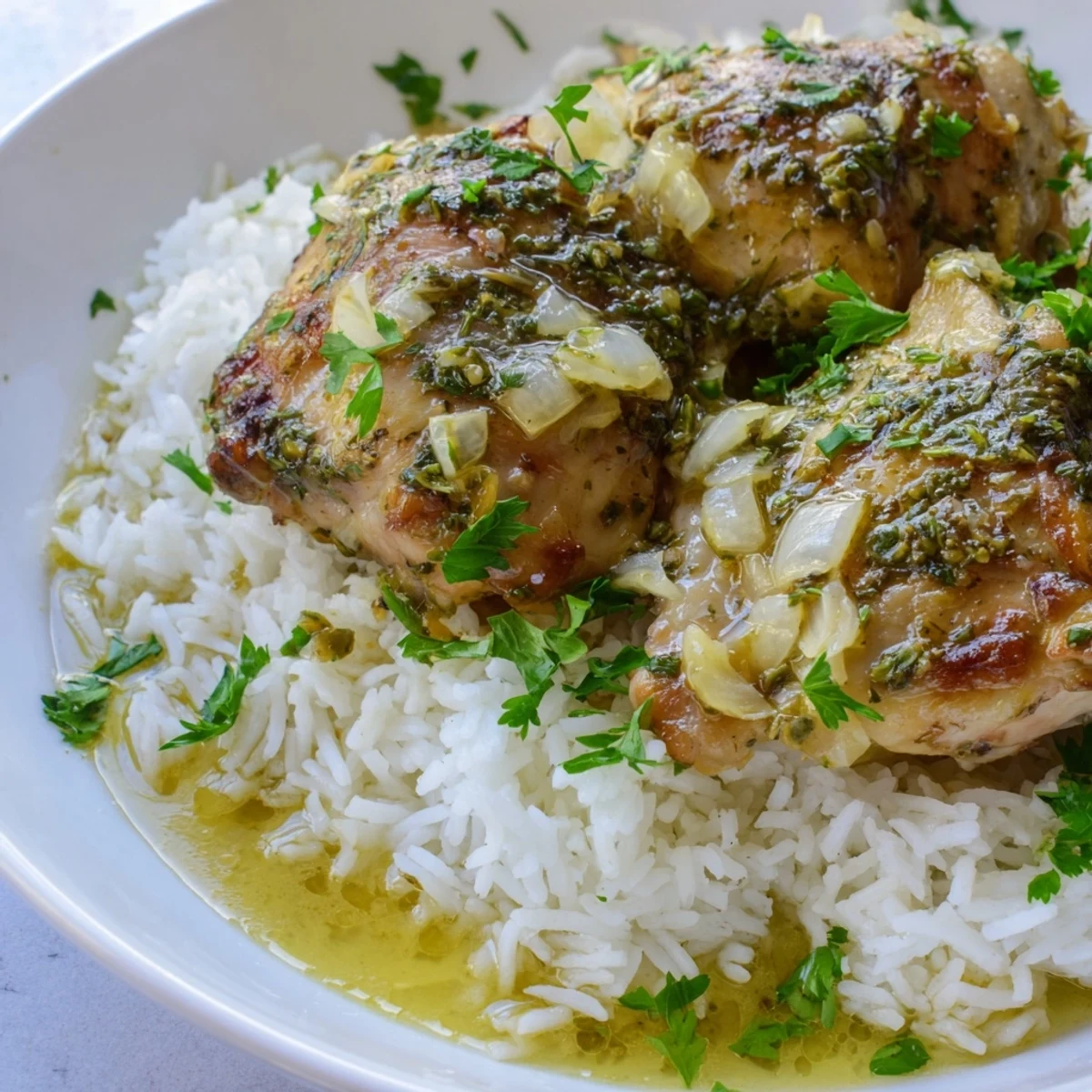 Tender lemon garlic chicken drizzled with cooking juices atop a mound of fluffy white rice