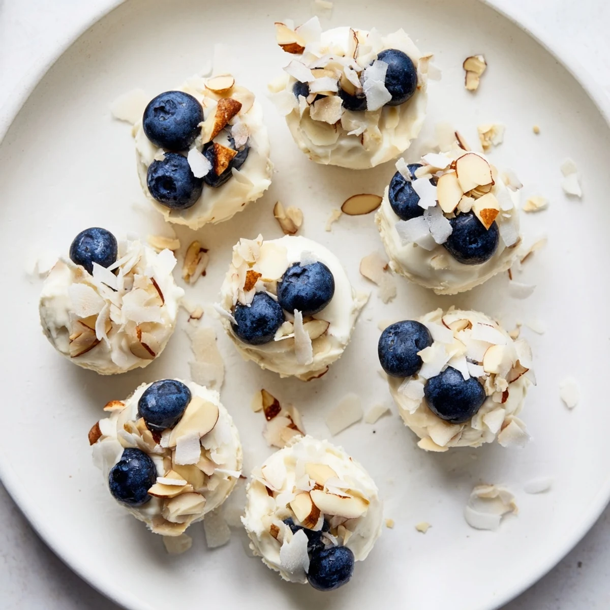 Creamy blueberry Greek yogurt bites on a baking sheet with fresh blueberries nestled on top