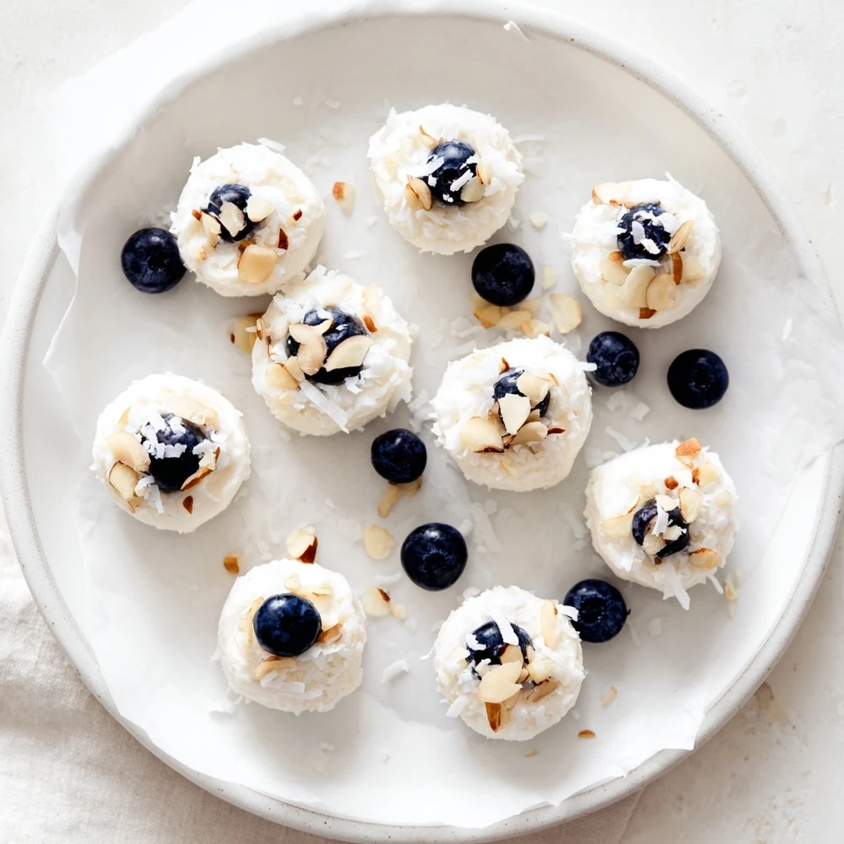 Frozen blueberry Greek yogurt bites garnished with chopped almonds and coconut flakes on parchment paper