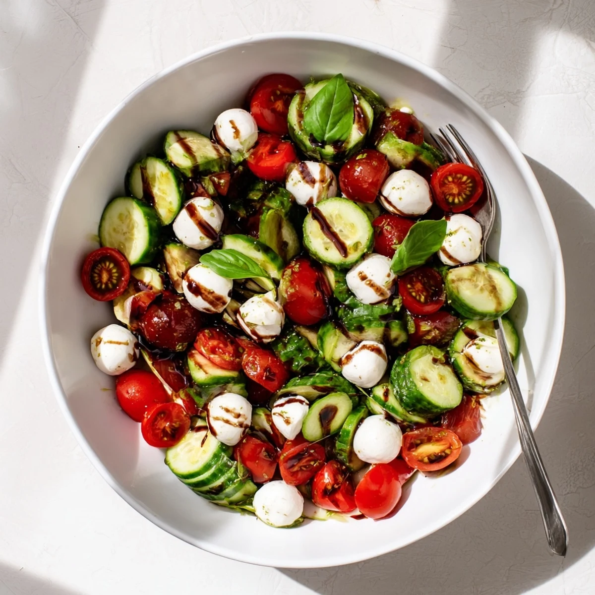 Fresh cucumber Caprese salad with ripe cherry tomatoes, creamy mozzarella, and fragrant basil leaves drizzled with balsamic glaze