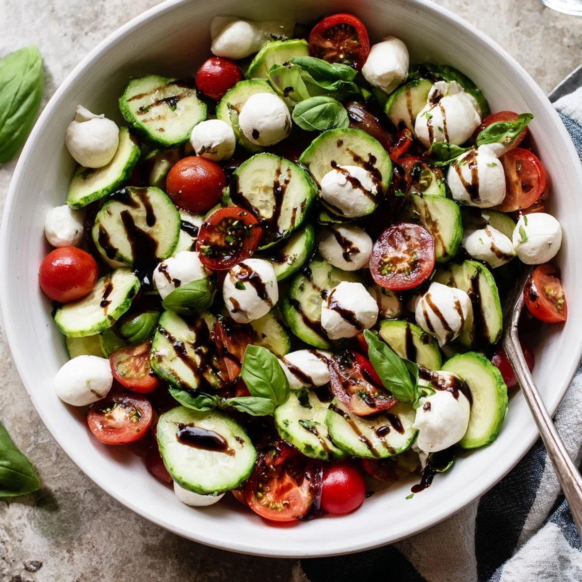 Vibrant Caprese salad bowl featuring crisp cucumbers, halved tomatoes, and mozzarella pearls tossed in olive oil dressing
