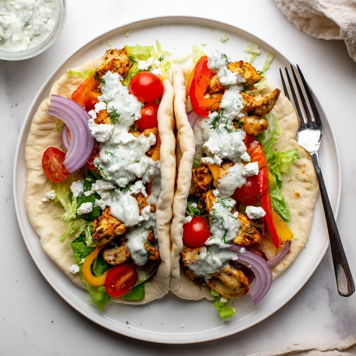 Golden roasted chicken and colorful vegetables stuffed inside warm pita bread with creamy herby ranch drizzled over the top