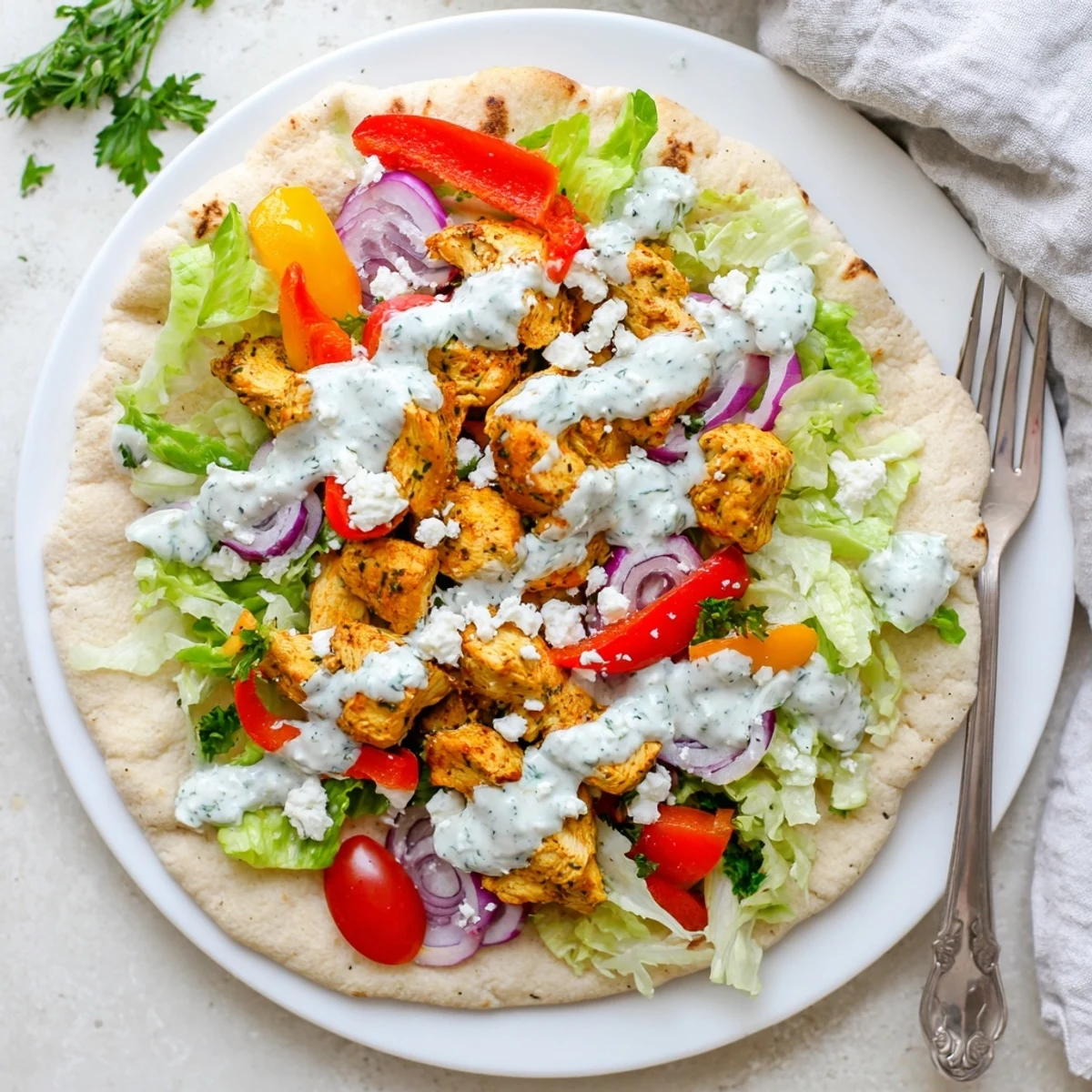 Sheet pan chicken pitas featuring tender spiced meat, roasted bell peppers, onions, and cool ranch sauce for easy weeknight dining