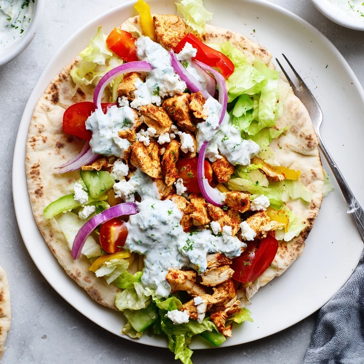 Family-friendly chicken pitas loaded with juicy roasted chicken pieces, crisp vegetables, and homemade herby ranch in soft warm bread