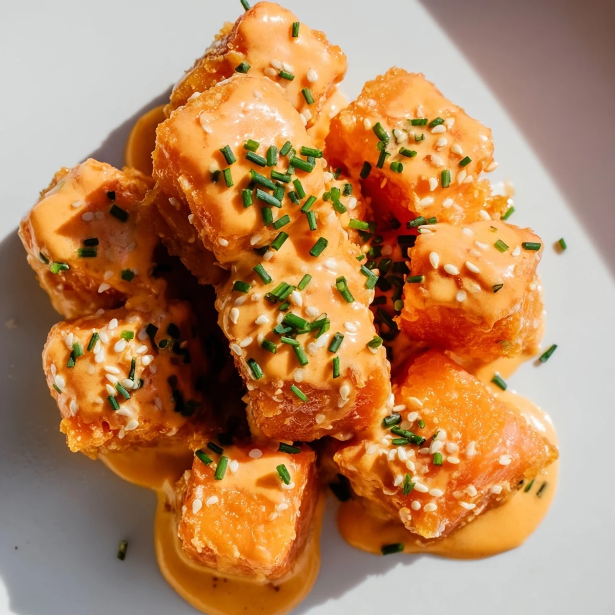 Golden crispy Bang Bang salmon bites coated in creamy spicy red sauce with chives