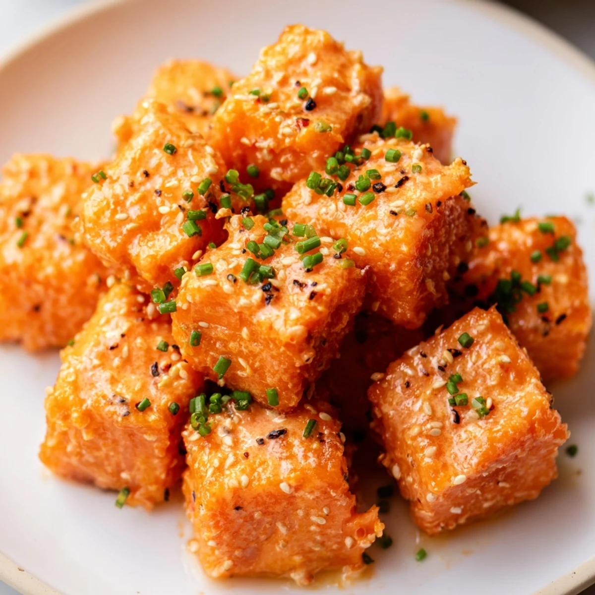 Appetizer plate of Bang Bang salmon bites garnished with fresh green onions and spicy dressing