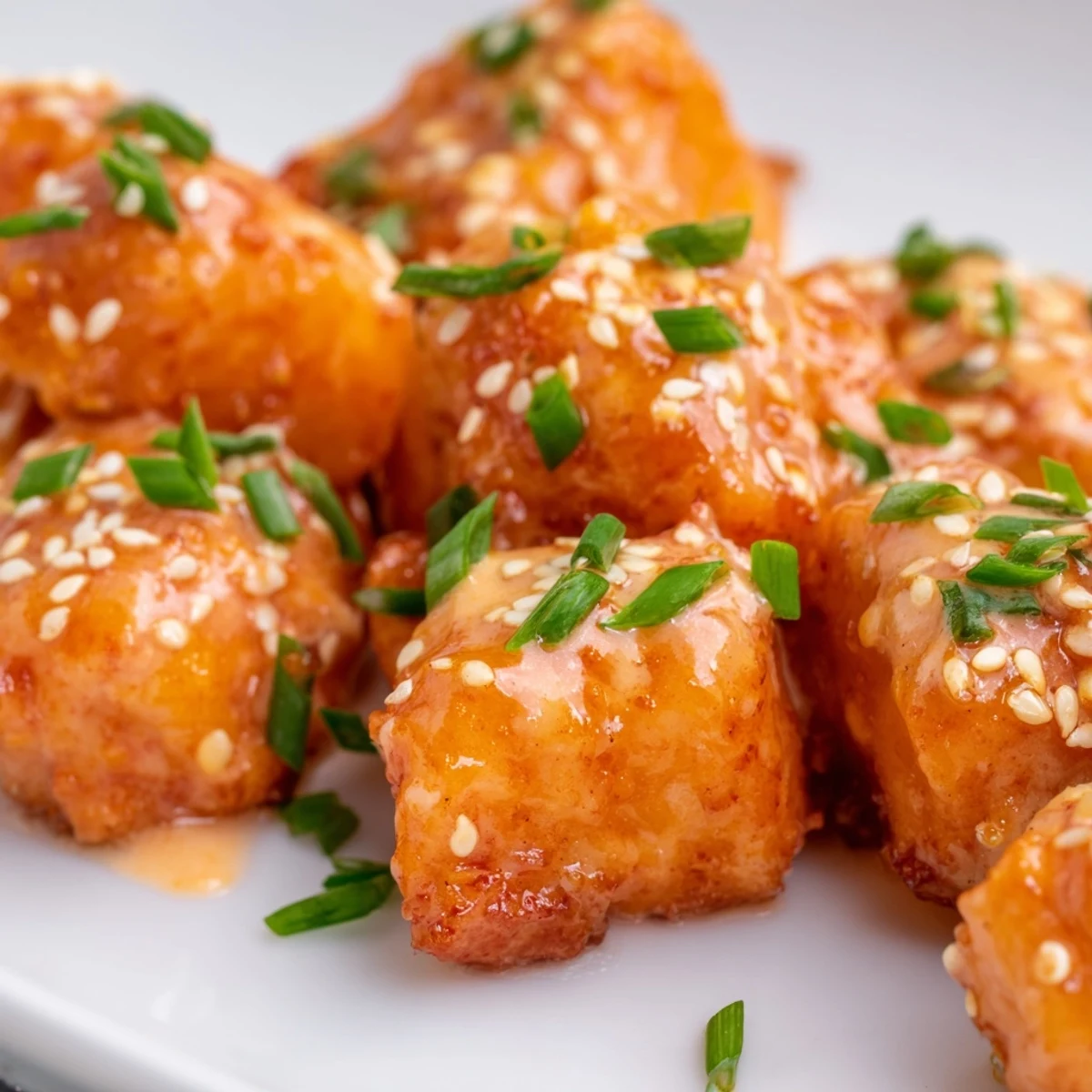Tender fried salmon cubes drizzled with sweet chili Bang Bang sauce and sesame seeds
