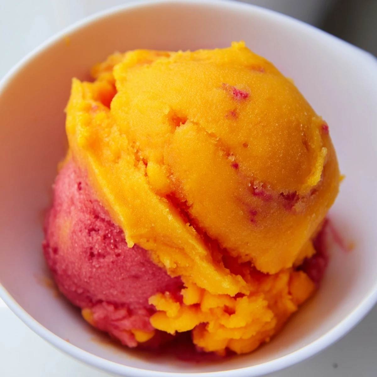 Bright mango strawberry sorbet scooped into bowls topped with fresh mint leaves