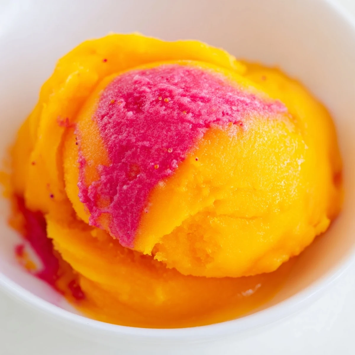 Creamy mango strawberry sorbet swirling with red fruit streaks in a glass