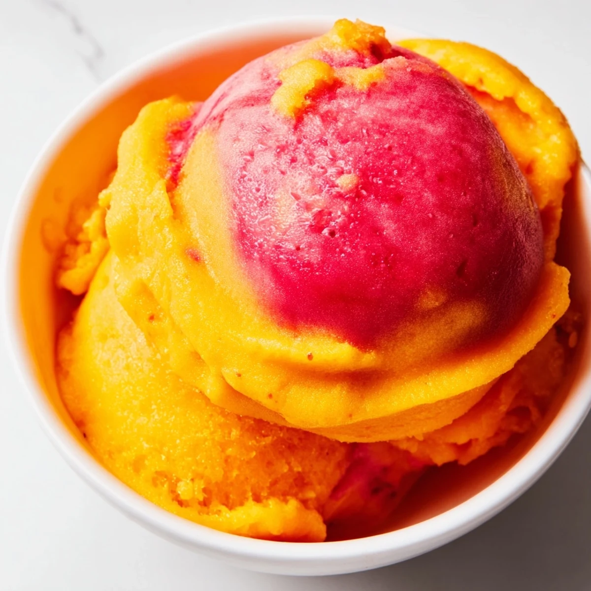 Vibrant yellow mango strawberry sorbet garnished with lime wedges on white plate