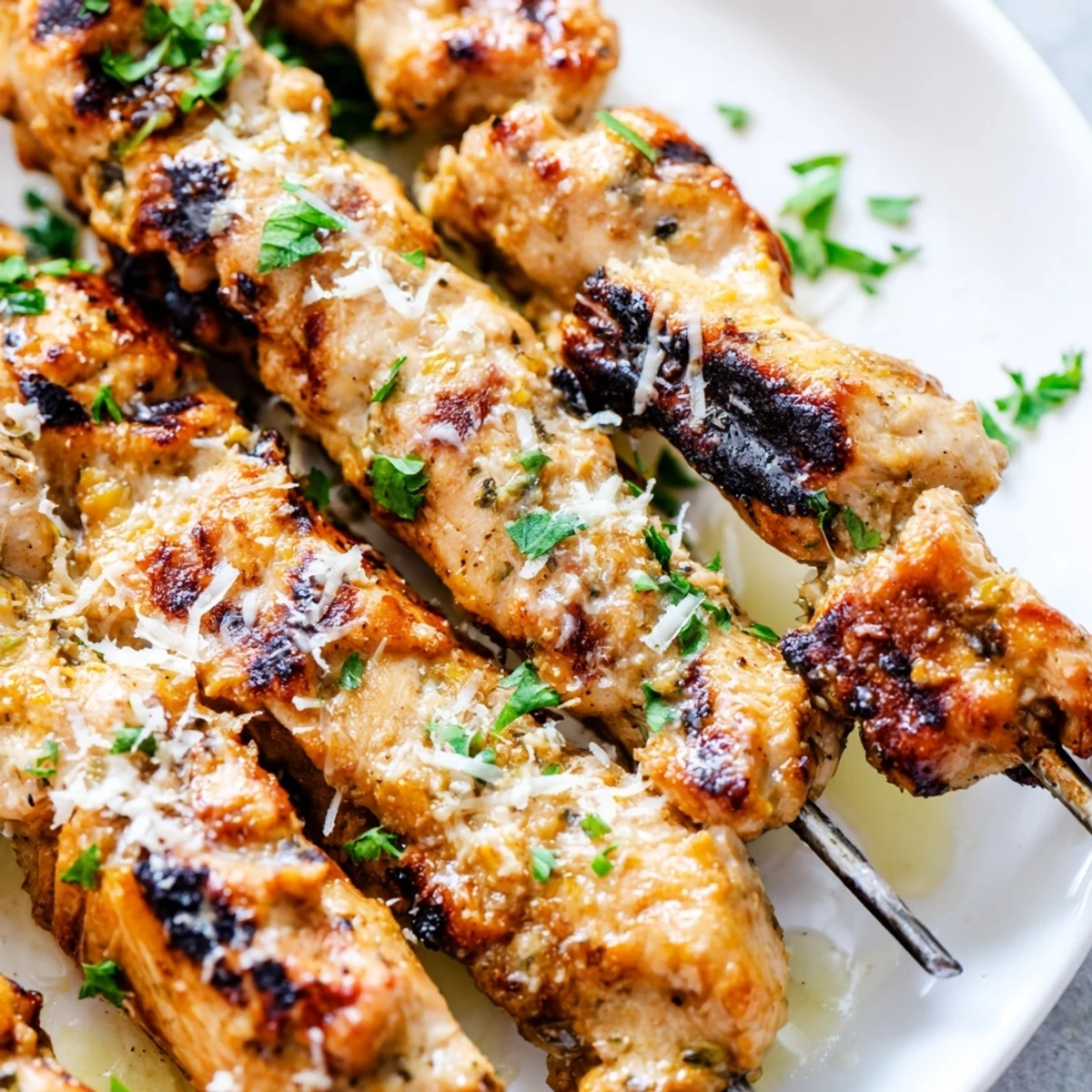 Golden grilled Ranch Garlic Parmesan Chicken Skewers with melted cheese and fresh parsley garnish