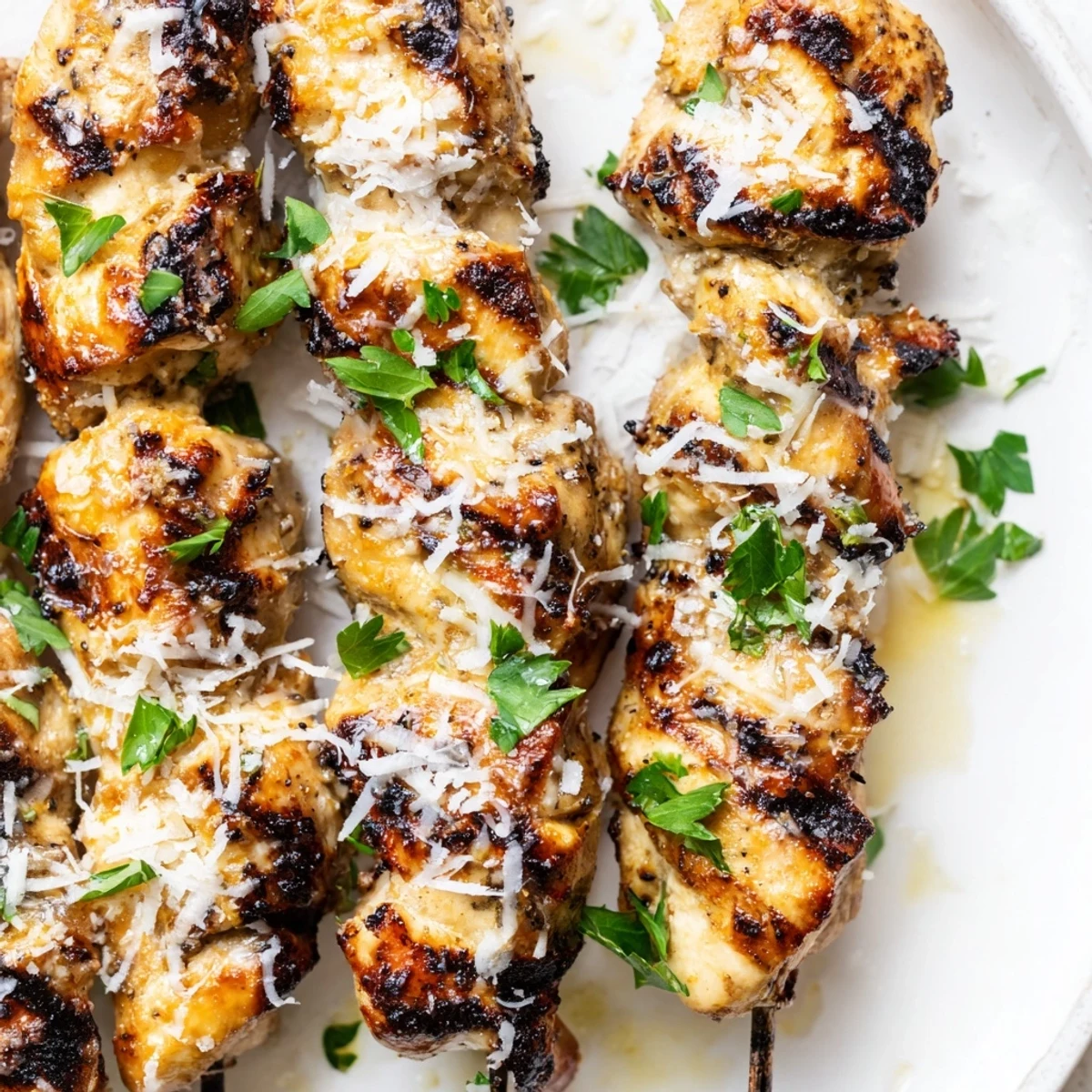 Juicy chicken cubes threaded on skewers coated in zesty ranch garlic marinade with Parmesan topping