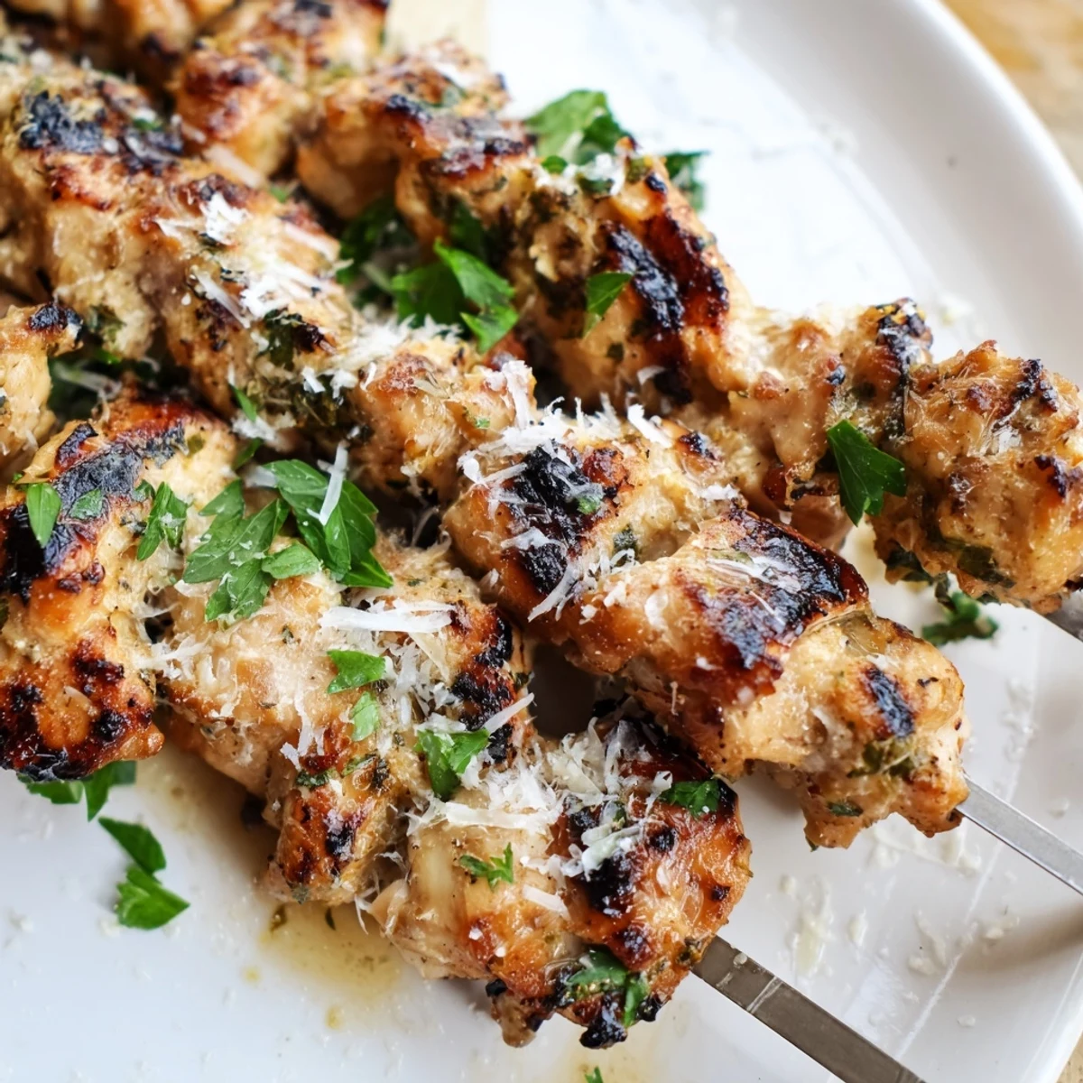 Sizzling plate of American-style Ranch Garlic Parmesan Chicken Skewers featuring grill marks and savory cheese crust