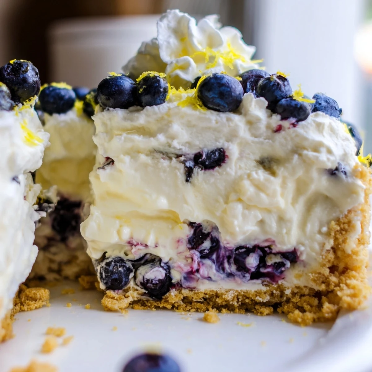 Creamy no bake lemon blueberry cream cake topped with fresh berries on graham cracker crust