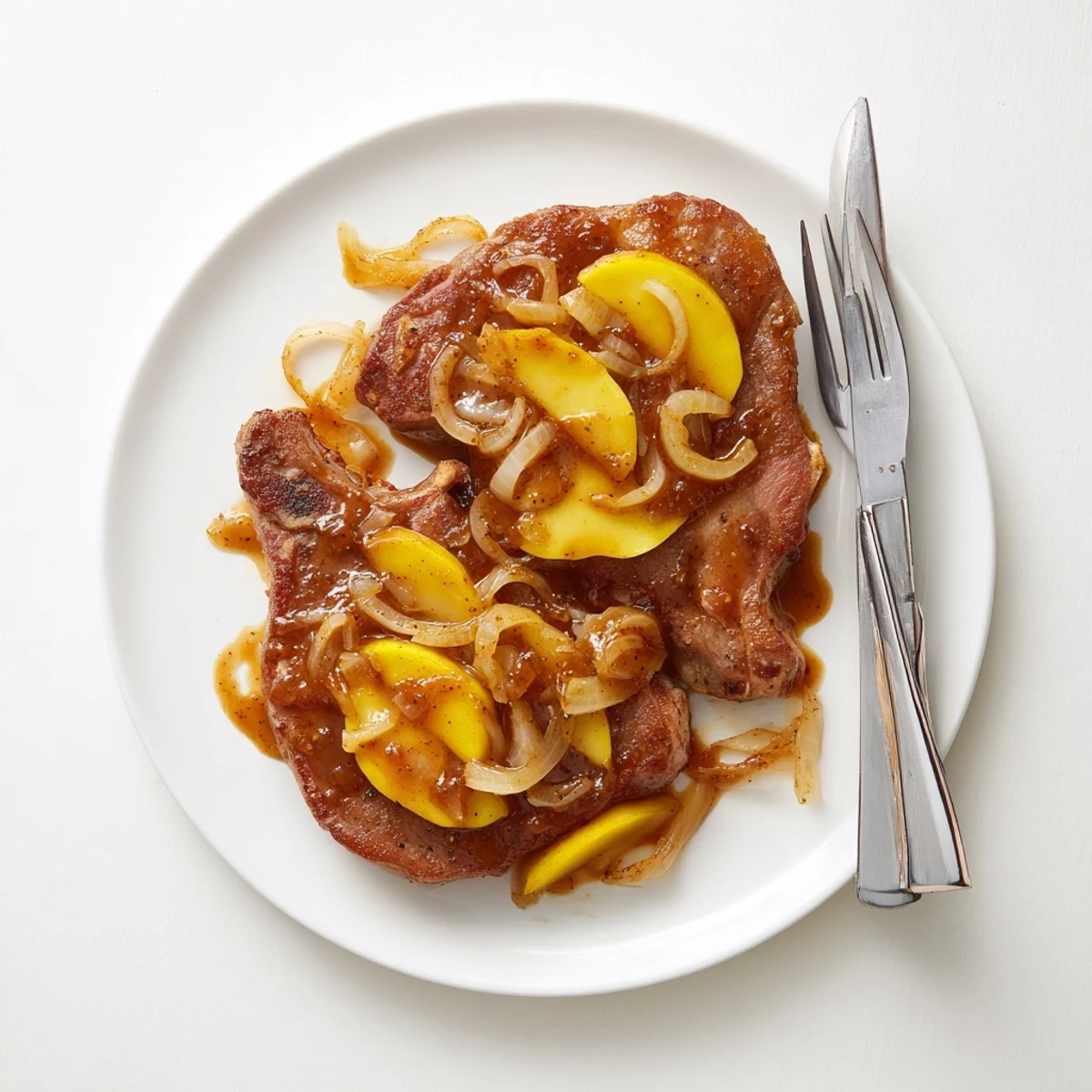 Tender apple butter pork chops served on a white plate topped with spiced apple slices and glossy sauce
